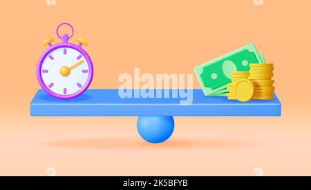 3D Clock and Money on Balance Scales Isolated Stock Vector