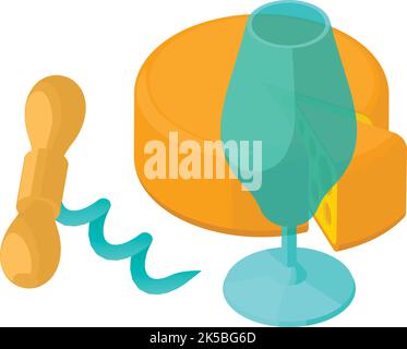 Wine tasting icon isometric vector. Whole head of cheese, corkscrew, wine glass. Winemaking, degustation, aperitif Stock Vector