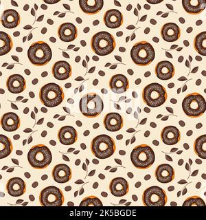 Seamless pattern from glazed donuts, coffee beans and leaves. Print from sweet pastries for birthday, holiday and party. Vector flat illustration of dessert and food Stock Vector