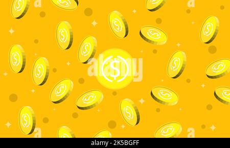 Falling money concept. USD coin yellow background Stock Vector
