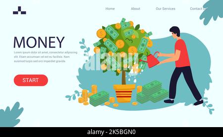 Landing page. banner man couple saving money. Growing money tree vector illustration. Businessman hand watering money tree. Stock Vector