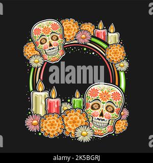 Vector frame for Day of the Dead with blank copyspace for congratulation text, round sign with illustration of decorative art creepy skull, burning ca Stock Vector