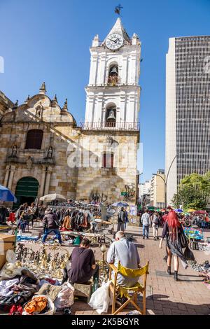 Bogota Colombia,Santa Fe Carrera 7 Avenida Jimenez Church of St. Francis Catholic religion colonial architecture bell tower clock street vendors Igles Stock Photo