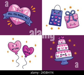 Flat icons set of different wedding elements from wedding car to doves and hearts isolated vector illustration Stock Vector