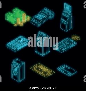 Bank terminal icon set. Isometric set of bank terminal vector icons neon on black Stock Vector