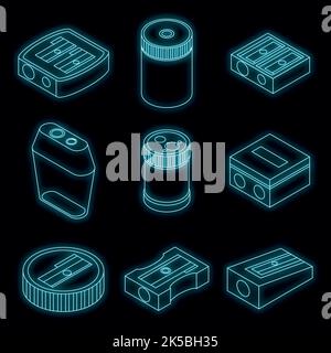 Sharpener icon set. Isometric set of sharpener vector icons neon on black Stock Vector