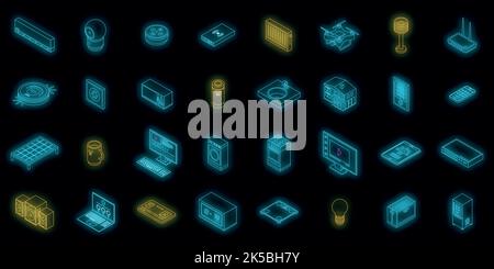Smart home icons set. Isometric set of smart home vector icons neon on black Stock Vector