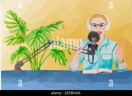 A weatercolor woman in an office speaking into a microphone and recording a podcast Stock Vector