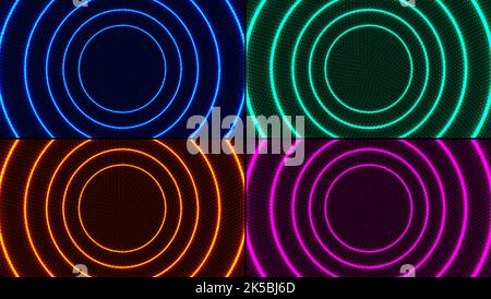Set of abstract radial motion lines circles blue, green, pink, red colors glowing neon luminous lighting effect bright energy rays with dots particles Stock Vector