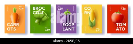 Vegetables posters set, 3d render illustrations of carrot eggplant corn eggplant and broccoli, modern layout Stock Vector