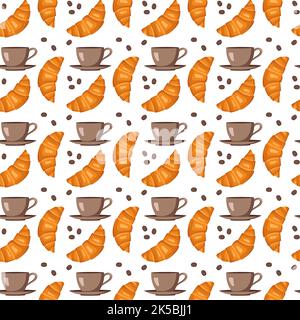 Seamless pattern with croissants, cups, saucers and coffee beans. Cute print with pastries and drinks for cafe and restaurant menus, textiles, paper and design. Vector flat illustration Stock Vector