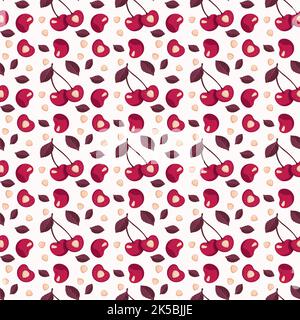 Cherry berry seamless pattern with leaves, print on pink background in monochrome colours. Vector flat illustration with different red elements for spring and summer. Vector flat illustration Stock Vector