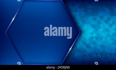 Banner web template technology style blue hexagon frame with lighting effect on dark blue triangles pattern background. Vector illustration Stock Vector