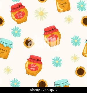 Seamless pattern with honey jar, sunflower, leaves and spoon on a dark background. Honey products. Great for textiles, wrapping paper, wallpapers, Stock Vector