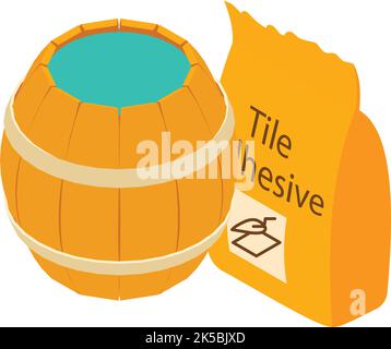 Construction material icon isometric vector. Tile adhesive packaging, wood barrel. Building material, repair work Stock Vector