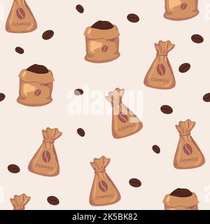 Hand drawn coffee seamless pattern. Coffee bag . Coffee beans hand drawing light on a dark background Stock Vector