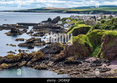 View from above of St Abb's village and harbour with distant view of cliffs and coastline, Berwickshire, Scotland, UK Stock Photo