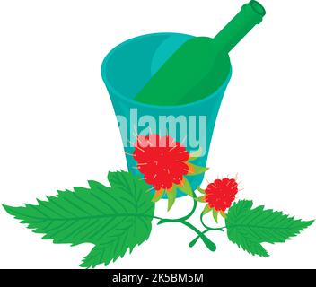Raspberry drink icon isometric vector. Raspberry branch and bottle in ice bucket. Natural ingredient, berry beverage Stock Vector