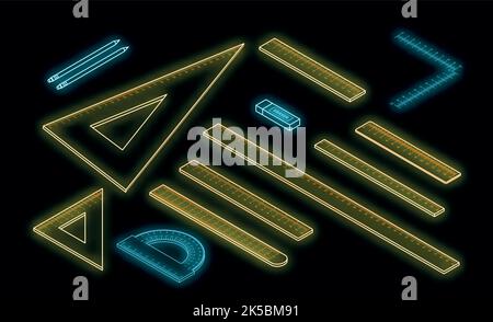 Ruler icon set. Isometric set of ruler vector icons neon on black Stock Vector