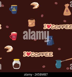 Vector set collection design seamless pattern with hand drawn cute sweet coffee cups desserts Stock Vector
