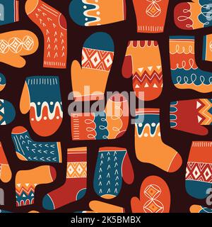 Colorful Retro Knitted Mittens and Socks Vector Seamless Pattern Stock Vector