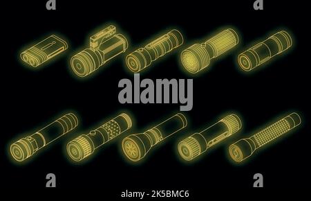 Flashlight icons set. Isometric set of flashlight vector icons neon on black Stock Vector