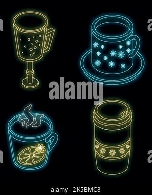 Mulled wine icon set. Isometric set of mulled wine vector icons neon on black Stock Vector