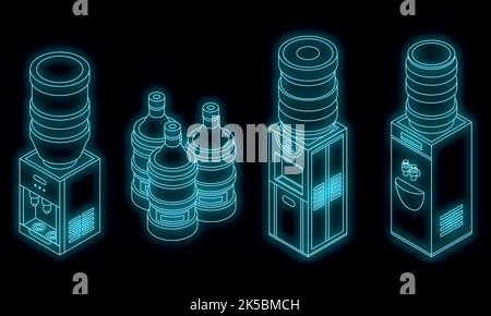 Cooler water icons set. Isometric set of cooler water vector icons neon on black Stock Vector