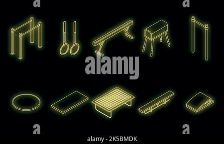 Gymnastics equipment icons set. Isometric set of gymnastics equipment vector icons neon on black Stock Vector