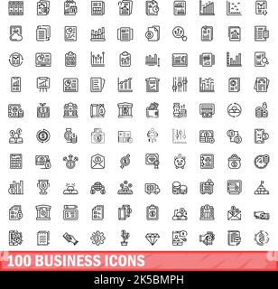 100 business icons set. Outline illustration of 100 business icons vector set isolated on white background Stock Vector