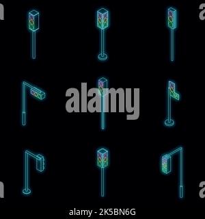Traffic lights icon set. Isometric set of traffic lights vector icons neon on black Stock Vector