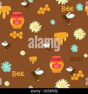 Seamless pattern with honey jar, sunflower, leaves and spoon on a dark background. Honey products. Great for textiles, wrapping paper, wallpapers. Stock Vector