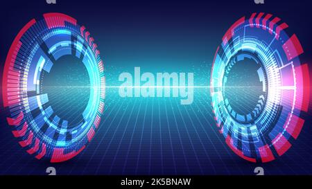 Abstract technology digital futuristic transfer big data concept blue HUD tunnel with lighting effect and particles on dark blue background. Vector il Stock Vector