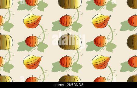 Pumpkins seamless pattern in watercolor style. Harvest. Thanksgiving day.  Stock Vector