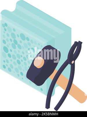 Forging tool icon isometric vector. Blacksmith hammer, smith tongs, aerated block. Professional equipment, blacksmithing, manufacture Stock Vector