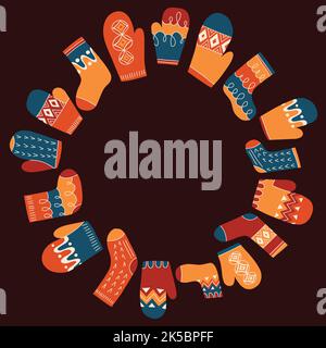 Colorful Retro Knitted Mittens and Socks Vector Round Frame Stock Vector