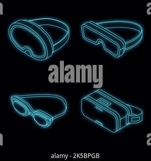 Goggles icon set. Isometric set of goggles vector icons neon on black Stock Vector