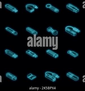 Flash drive icon set. Isometric set of flash drive vector icons neon on black Stock Vector