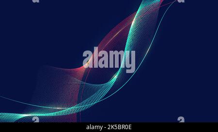 Abstract technology futuristic concept blue and red neon colors wave lines and dots particles with lighting effect on dark blue background. Vector ill Stock Vector