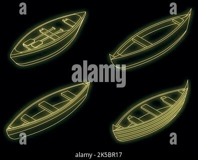 Canoeing icons set. Isometric set of canoeing vector icons neon on black Stock Vector
