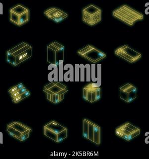Parcel icon set. Isometric set of parcel vector icons neon on black Stock Vector