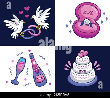 Flat icons set of different wedding elements from wedding car to doves and hearts isolated vector illustration Stock Vector