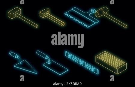 Masonry worker icons set. Isometric set of masonry worker vector icons neon on black Stock Vector