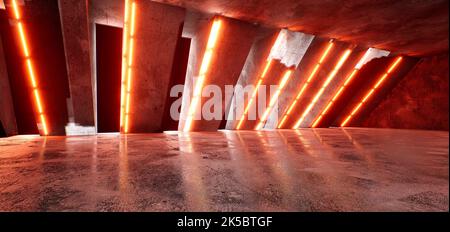 Sci-Fi neon glowing lamps in a dark corridor. Reflections on the floor and walls. Empty background in the center. 3d rendering image. Technology futur Stock Photo