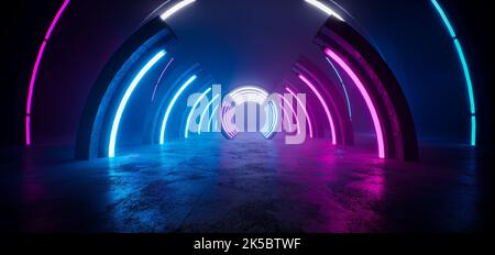 Dark tunnel, round arch with illumination of blue and purple light. Dark, long corridor, circle, neon light, rays. Abstraction night view. 3D renderin Stock Photo