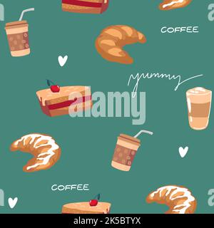 Vector hand drawn style coffee makers patten.Different kinds of coffee mugs, pots and coffee glasses with cakes, coffee . Stock Vector