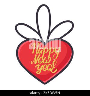 Heart pendant with happy new year inscription. Handwritten lettering congratulations on Christmas tree toy. Festive christmas decoration isolated vect Stock Vector