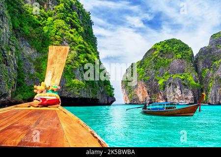 View of Loh Samah Bay in Phi Phi island, Thailand. This small bay on the other side of Maya Bay on Koh Phi Phi Leh in Thailand. Stock Photo