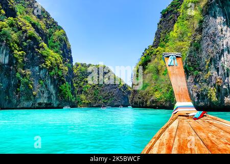 View of Loh Samah Bay in Phi Phi island, Thailand. This small bay on the other side of Maya Bay on Koh Phi Phi Leh in Thailand. Stock Photo
