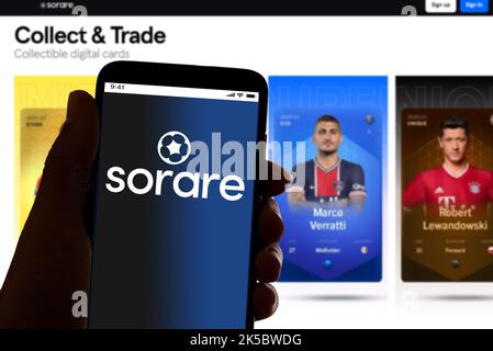 Spain. 4th Nov, 2021. In this photo illustration the logo of the NFT online football marketplace Sorare is seen on the screen of mobile phone. (Credit Image: © Davide Bonaldo/SOPA Images via ZUMA Press Wire) Stock Photo